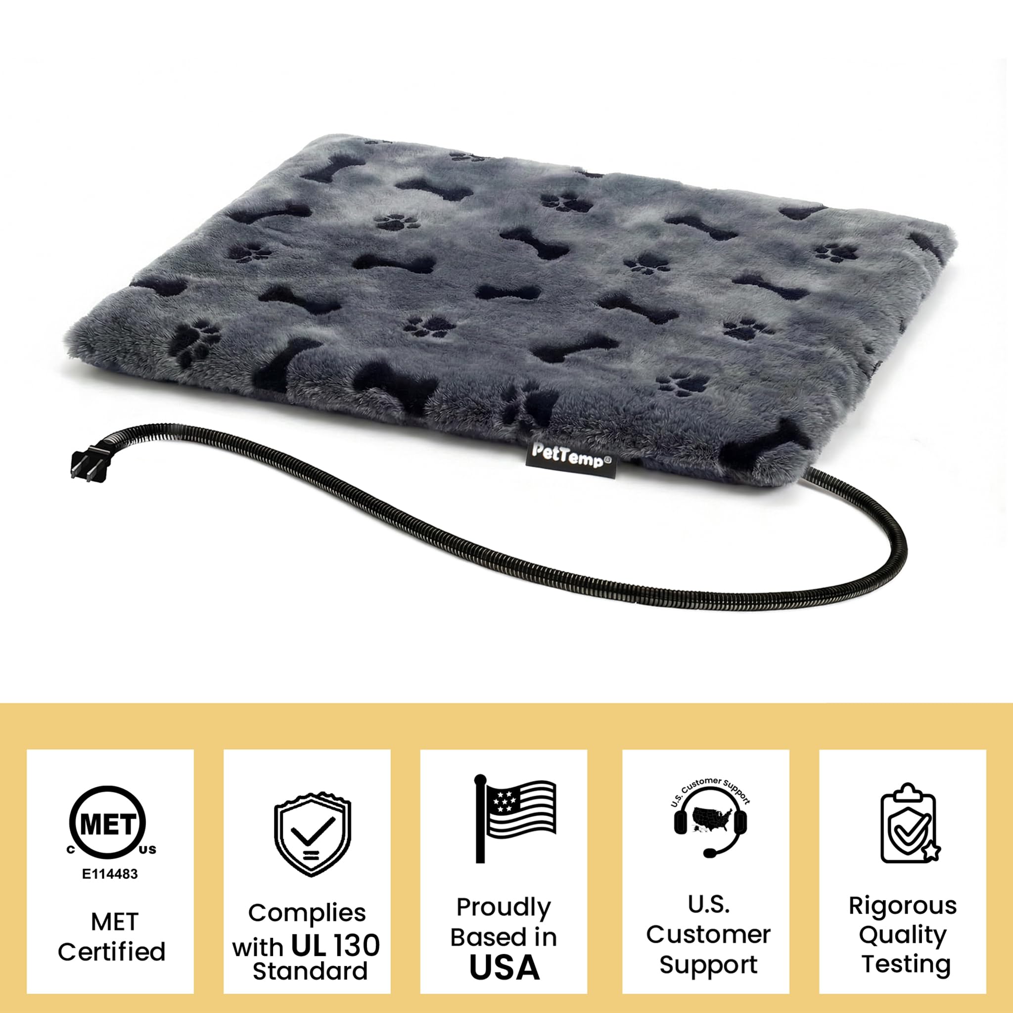 PetTemp heated pad thermostat control close-up shows stable warmth.