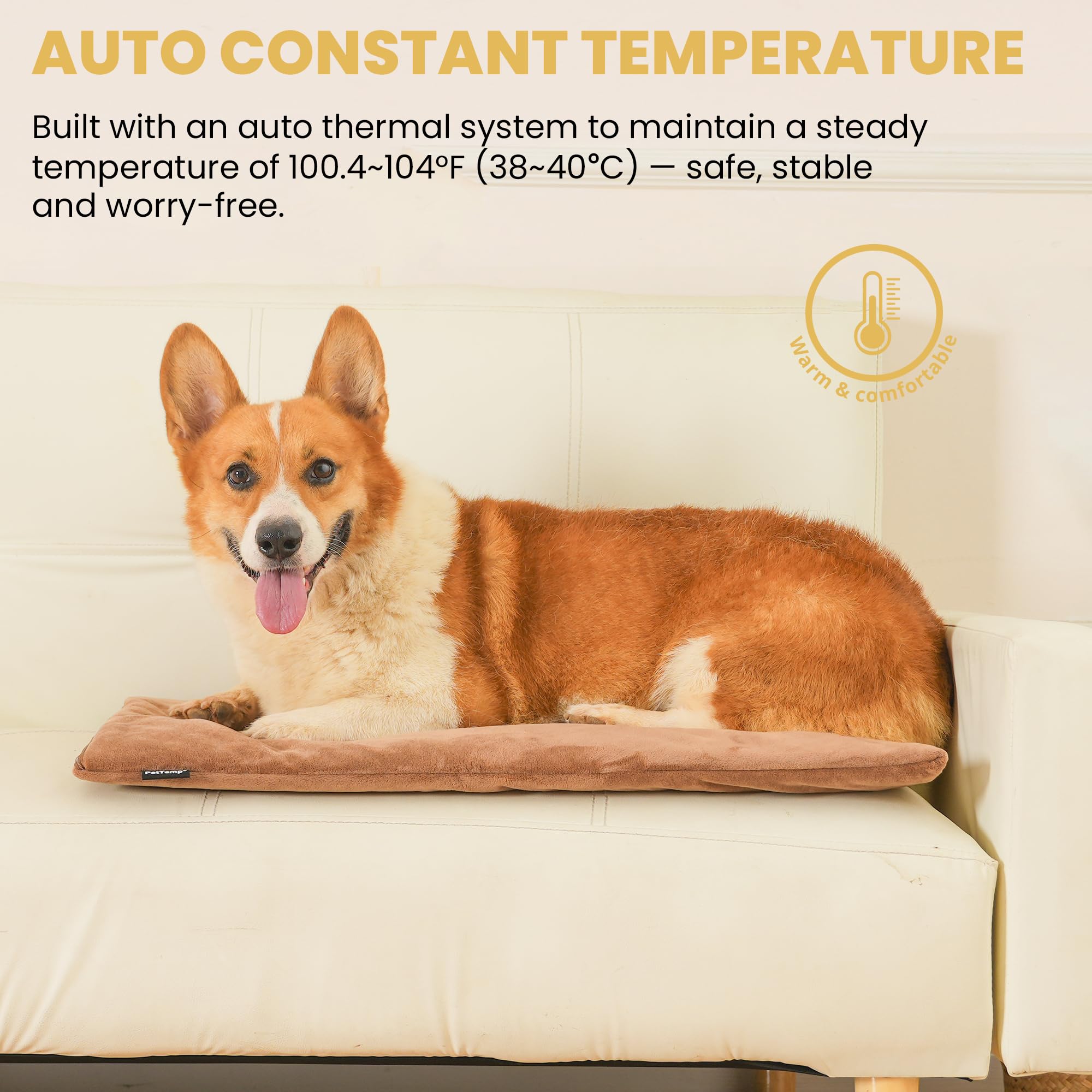 PetTemp heated pad waterproof layer demonstrates durable, safe warmth indoors.