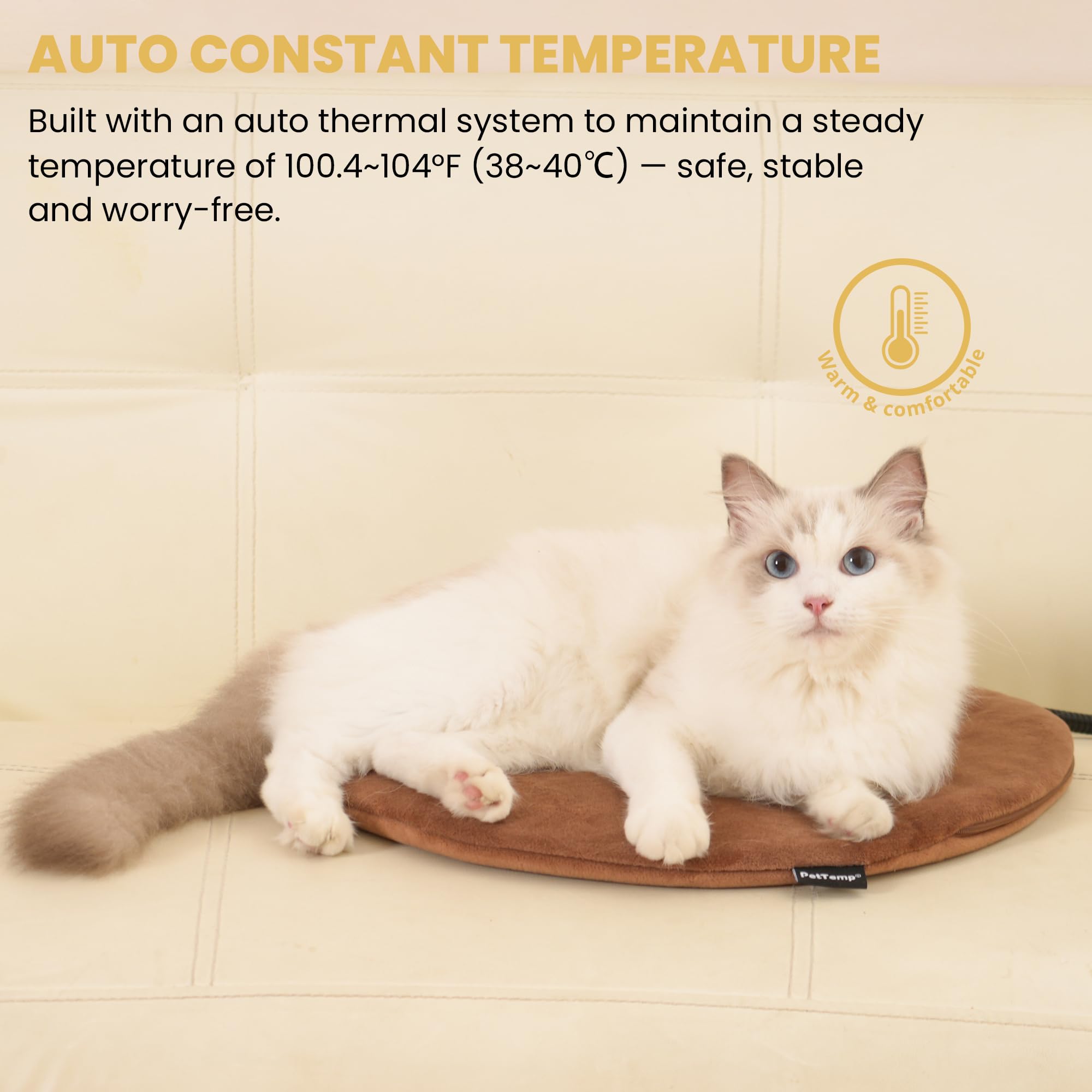 PetTemp heated pad showing chew-resistant cord for safer pet use.