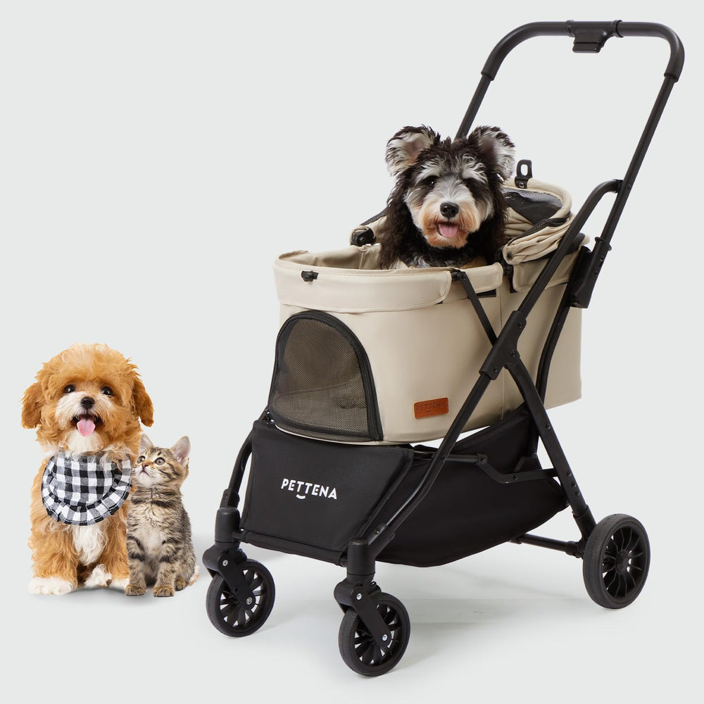 PETTENA foldable pet stroller front view shows sturdy frame for comfortable travel.
