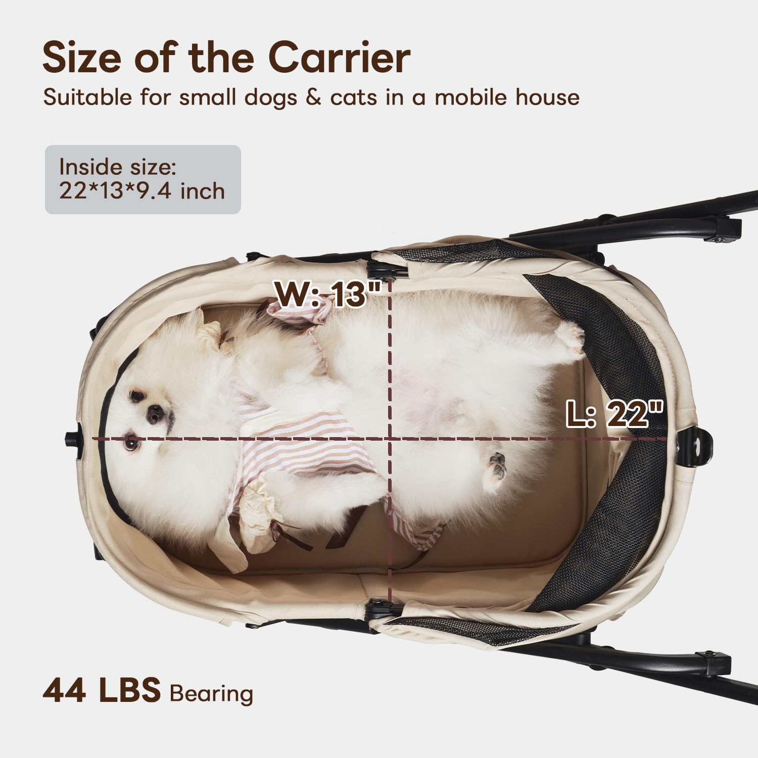 PETTENA foldable pet stroller side view highlights stability across terrain.