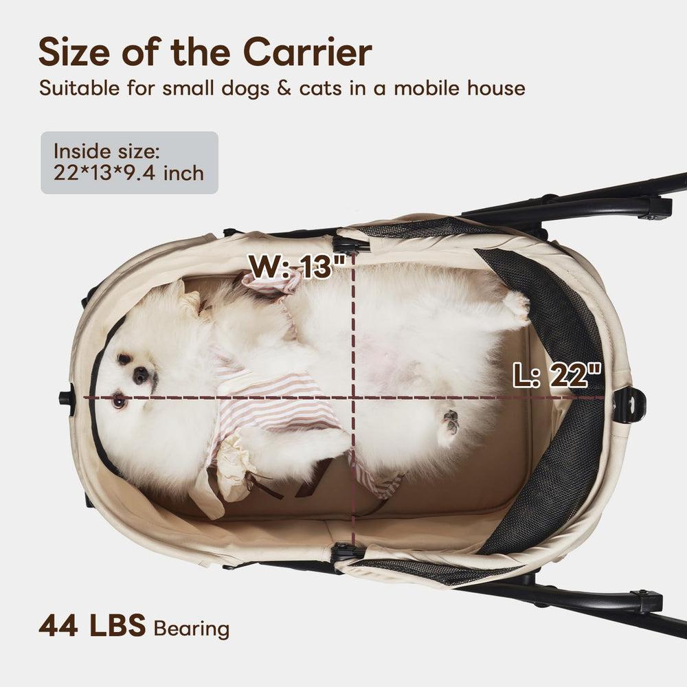 PETTENA foldable pet stroller side view highlights stability across terrain.