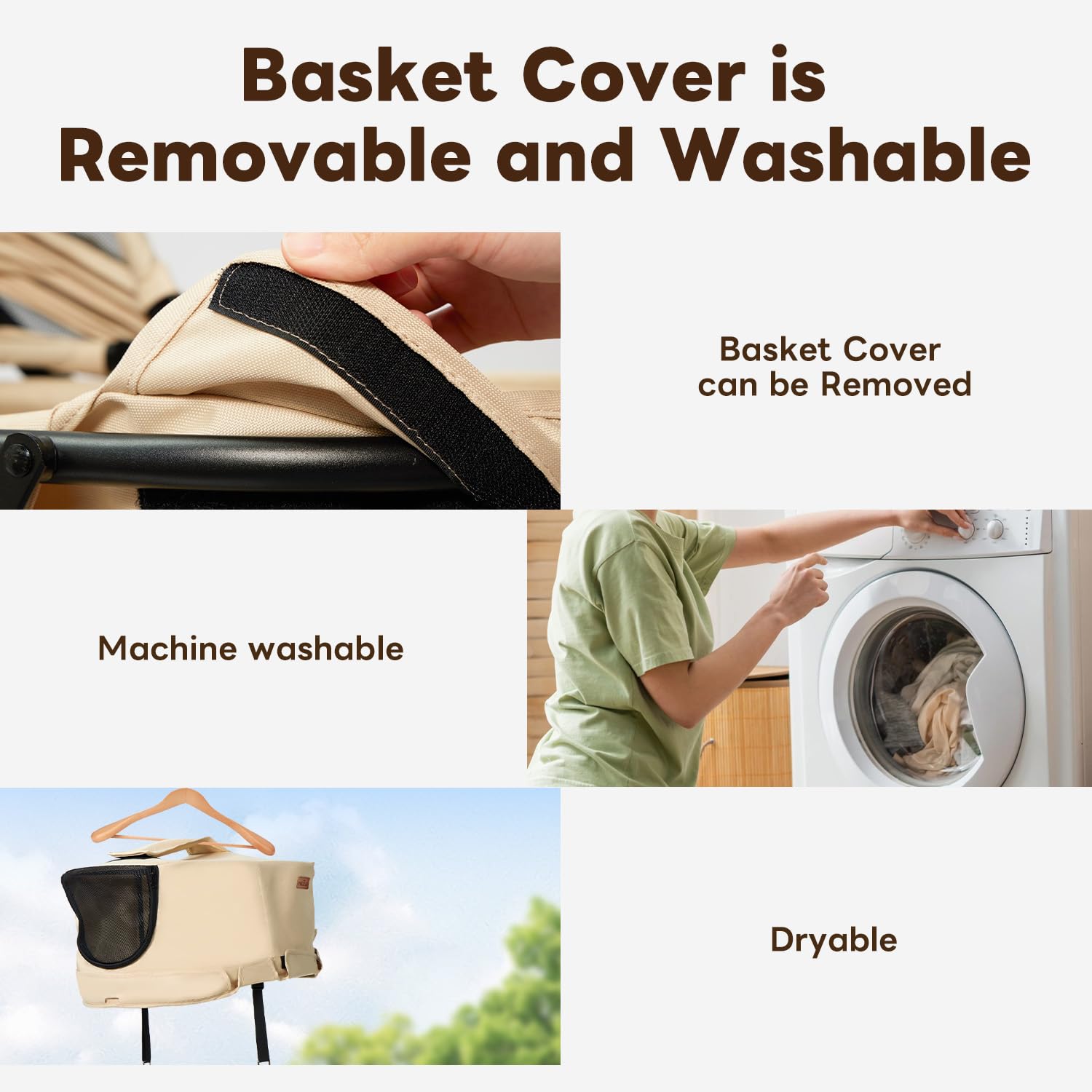 PETTENA khaki color close-up highlights durable fabric and easy-clean qualities.