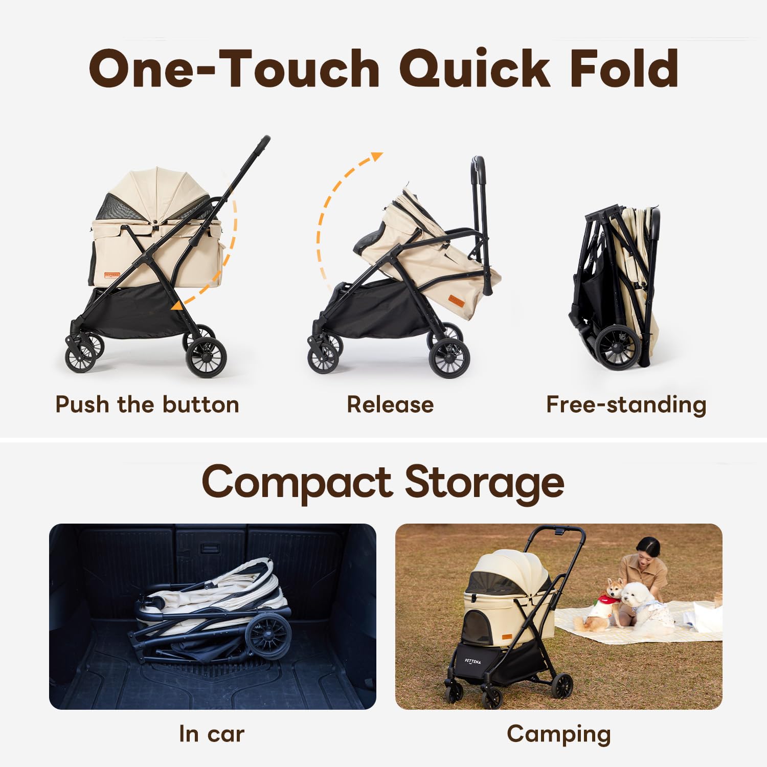 PETTENA foldable pet stroller storage basket image shows space for toys and water.