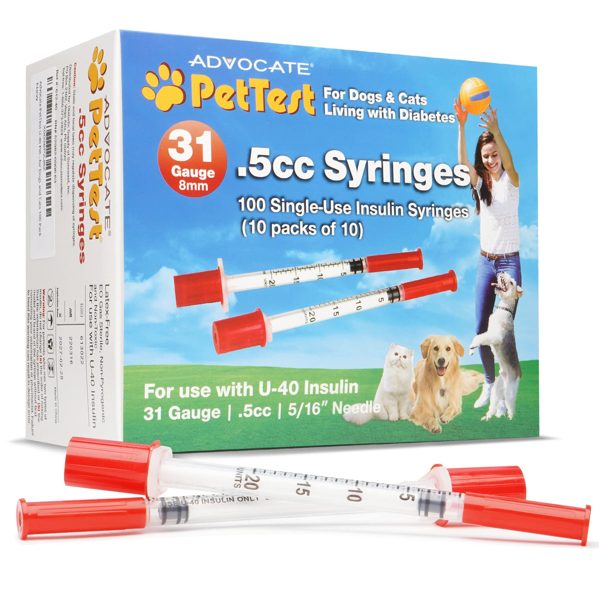 PetTest U-40 insulin syringes pack close-up designed for easy daily pet diabetes care.