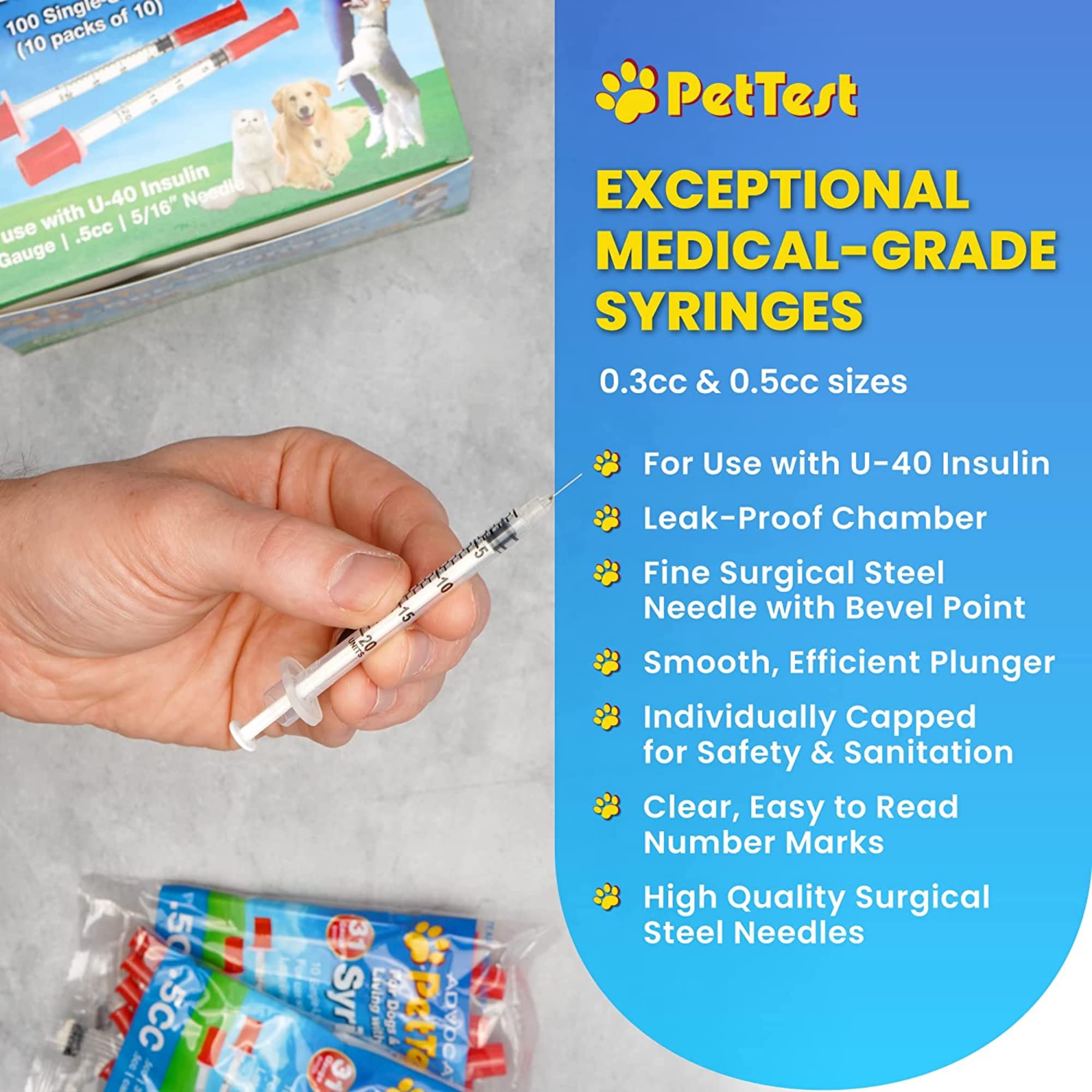 PetTest U-40 tri-bevel needle detail showcasing smoother piercing for small pets.