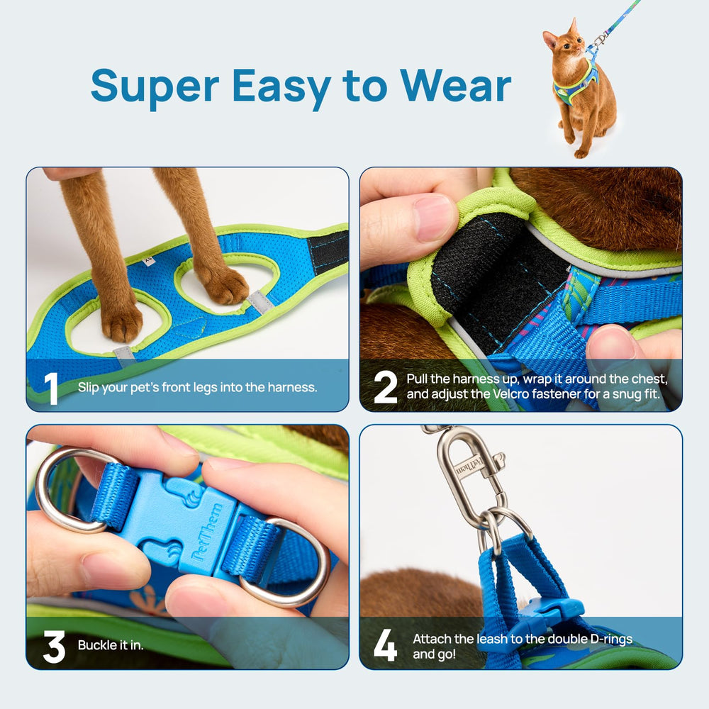 PetThem Cat Harness Hawaii Green S dual-secure system close-up for reliable control.