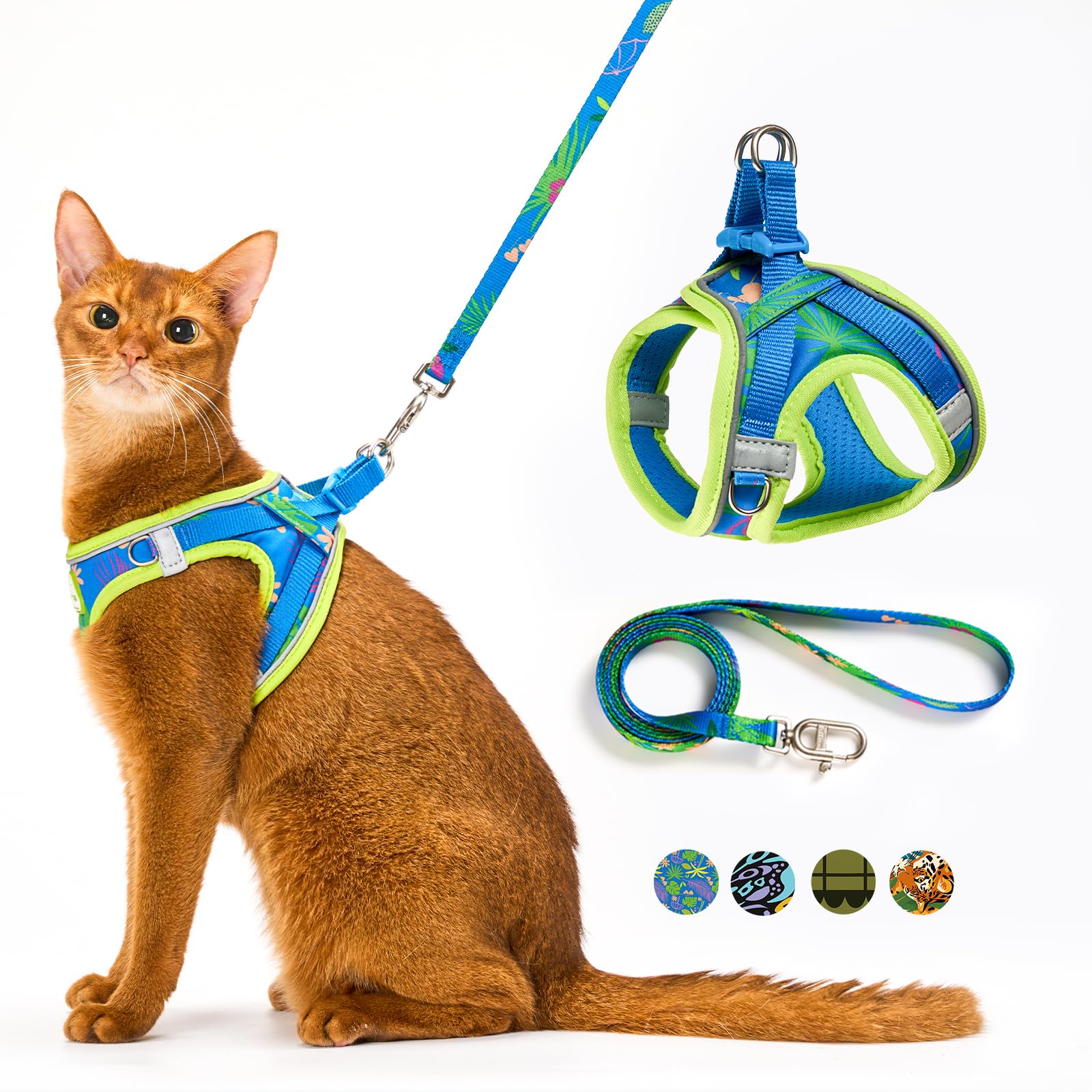 PetThem Cat Harness Hawaii Green S worn on cat for safe outdoor walks.