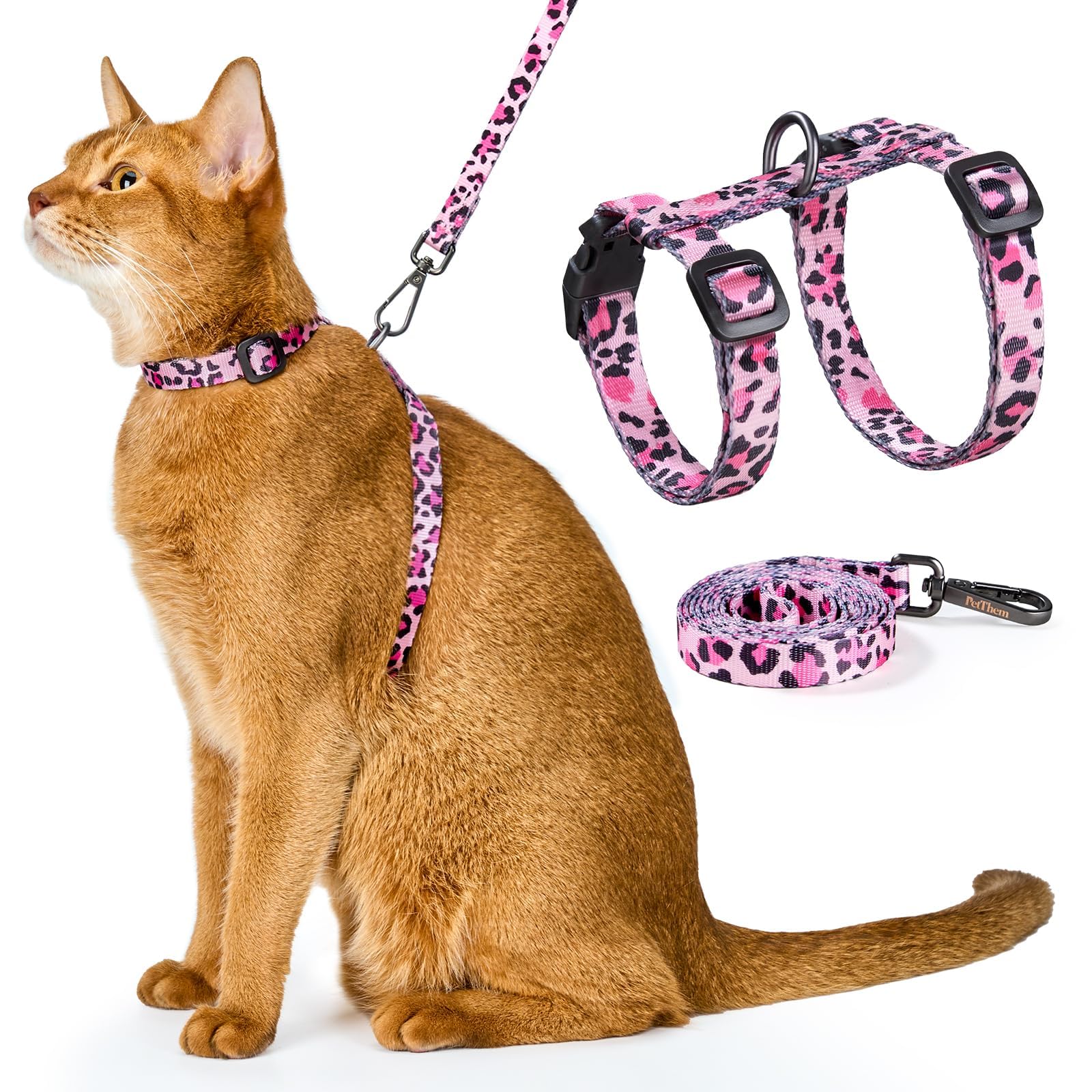 PetThem Cat Harness Pink close-up showing escape-proof design for safe strolls.