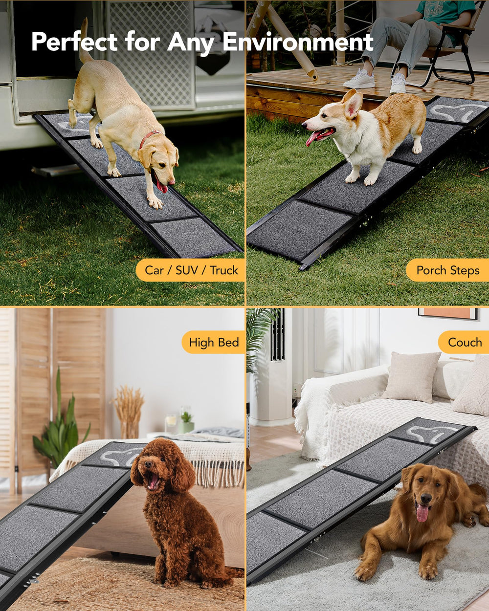 PetThem Dog Ramp weighs 15 lbs with handle for easy carrying.
