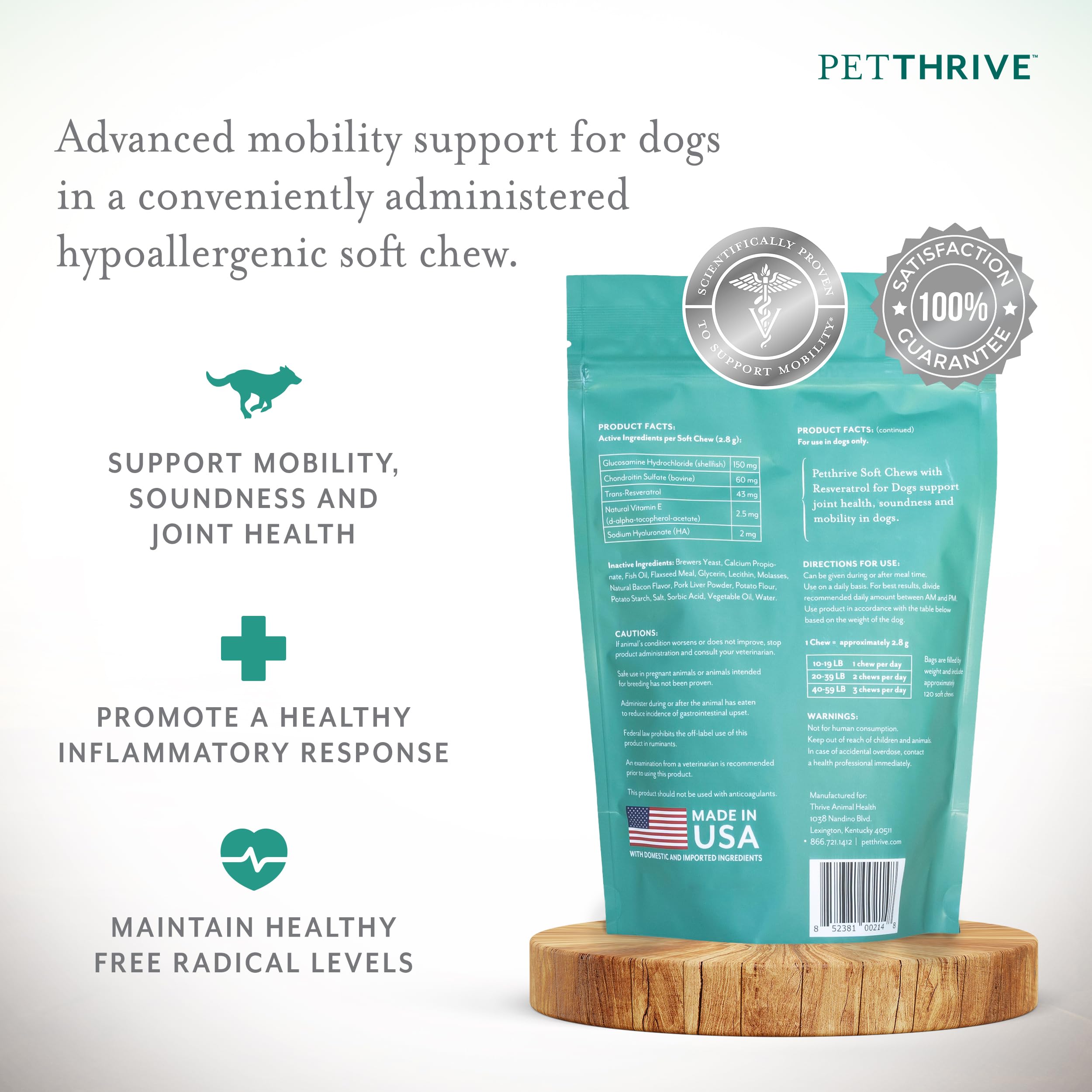 PetThrive Soft Chews bottle-label close-up shows easy dosing for small breeds