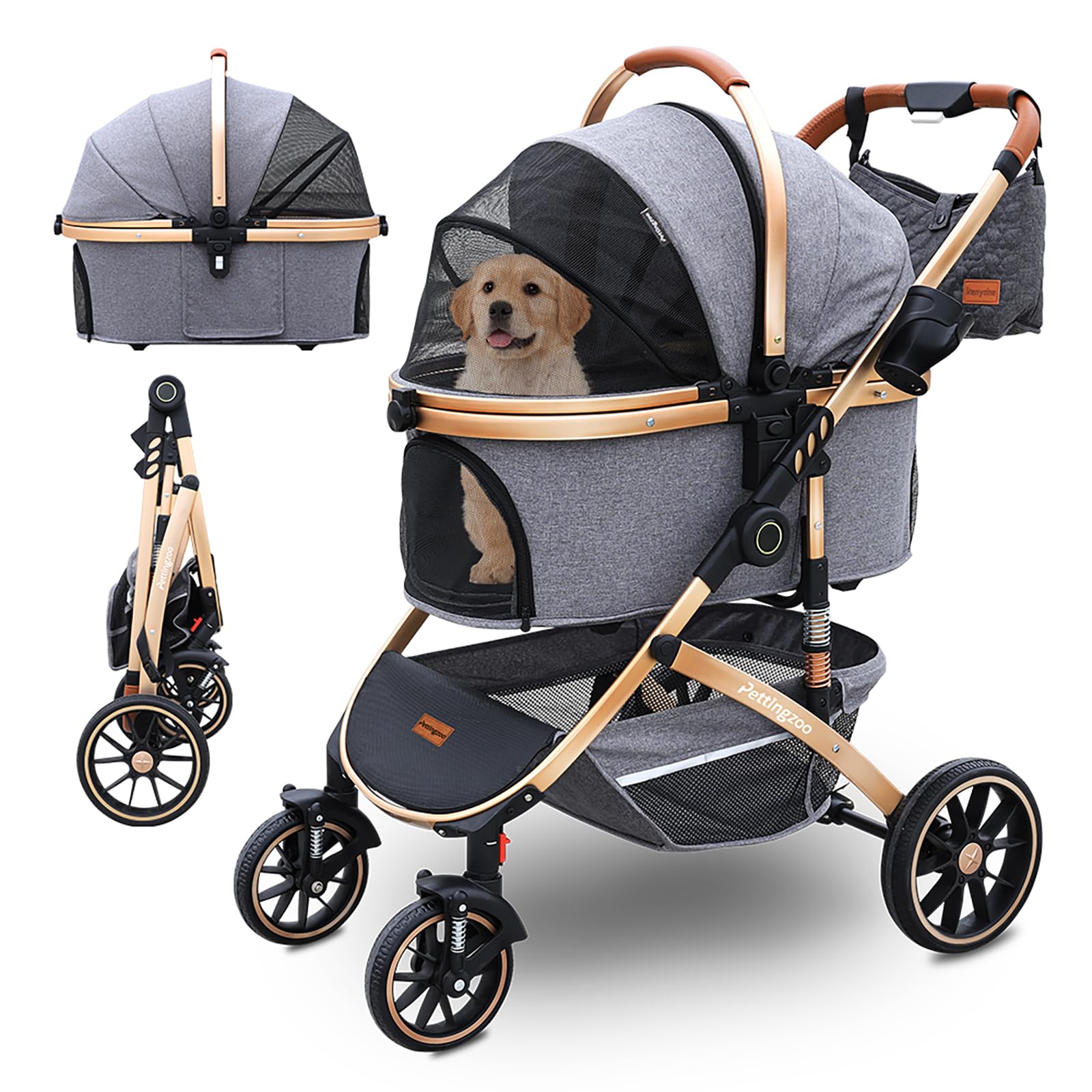 Pettingzoo dog stroller with four wheels for smooth, quiet pet transport on any sidewalk.