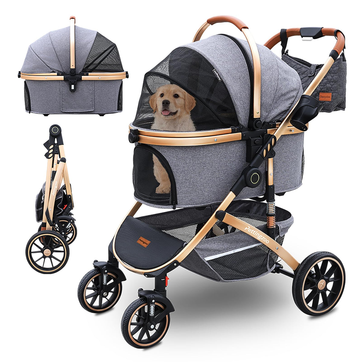 Pettingzoo dog stroller with four wheels for smooth, quiet pet transport on any sidewalk.