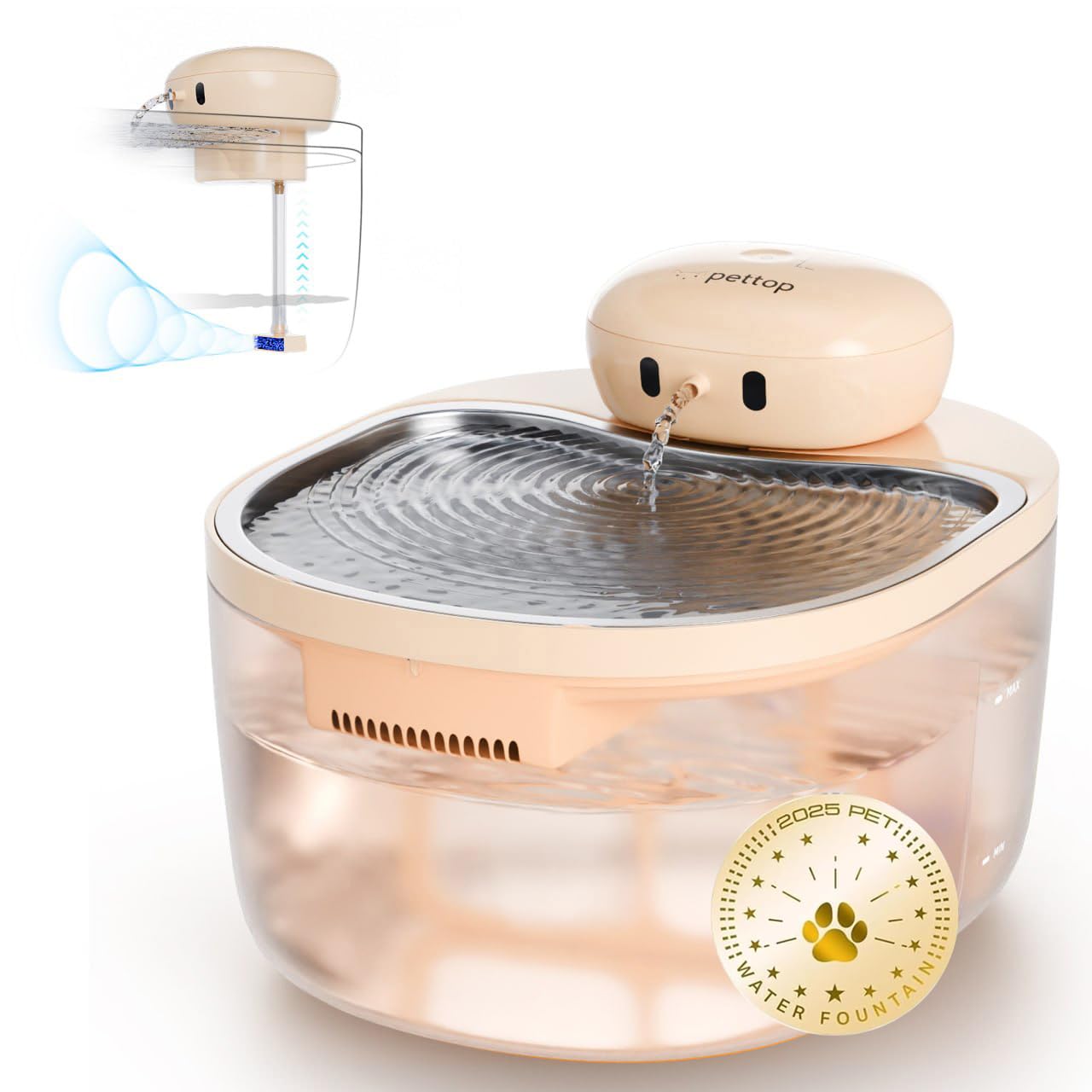 PetTop pumpless cat water fountain 3L tray in stainless steel promotes easy cleaning and hydration.