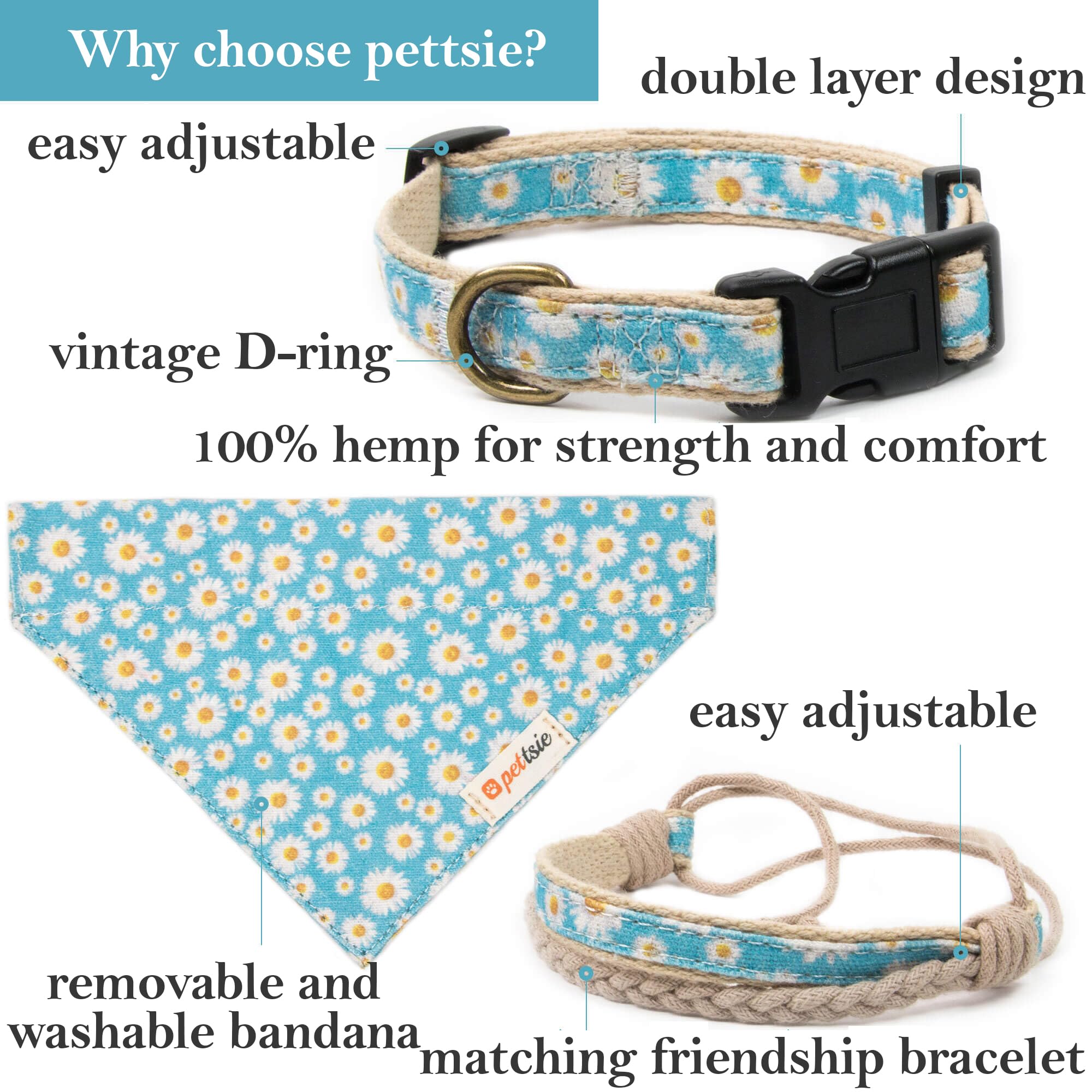 Pettsie dog bandana collar turquoise adjustable sizes ensure a secure fit.
