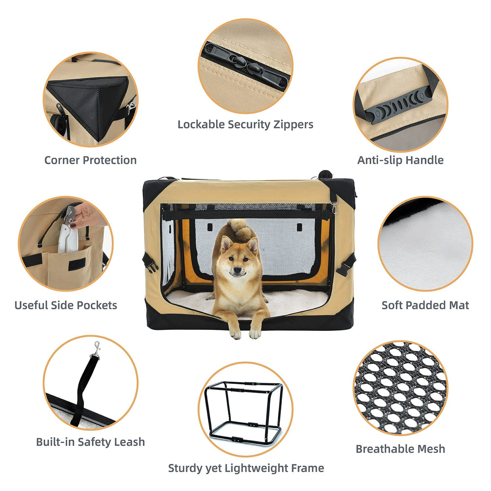 Pettycare collapsible dog crate front view highlighting sturdy frame for secure travel.