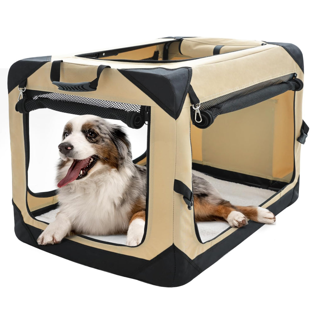 Pettycare collapsible dog crate top-door view with breathable mesh for indoor comfort.