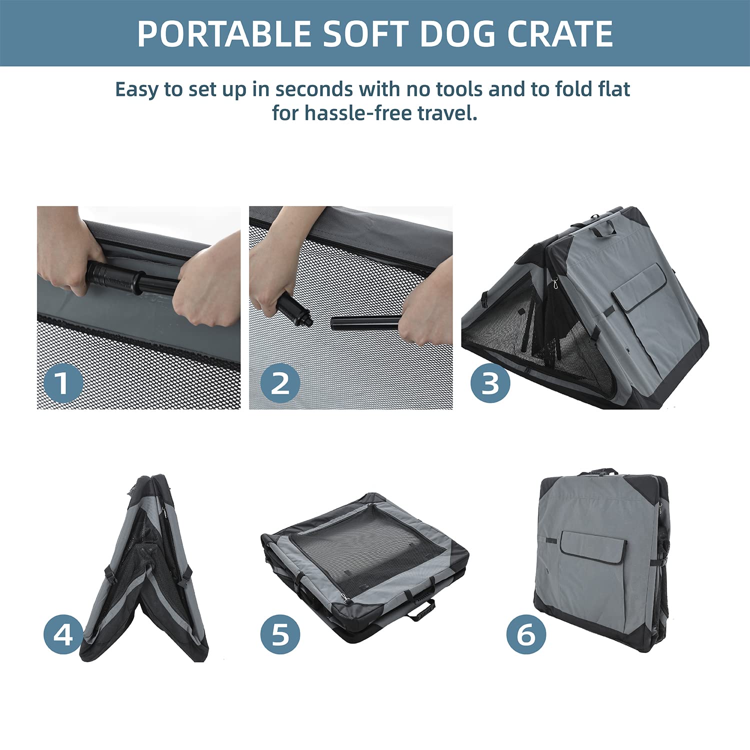 Pettycare crate folded and packed in travel bag for compact storage.