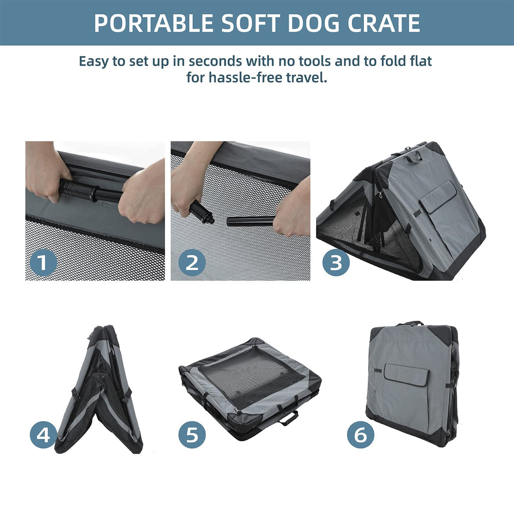 Pettycare crate folded and packed in travel bag for compact storage.