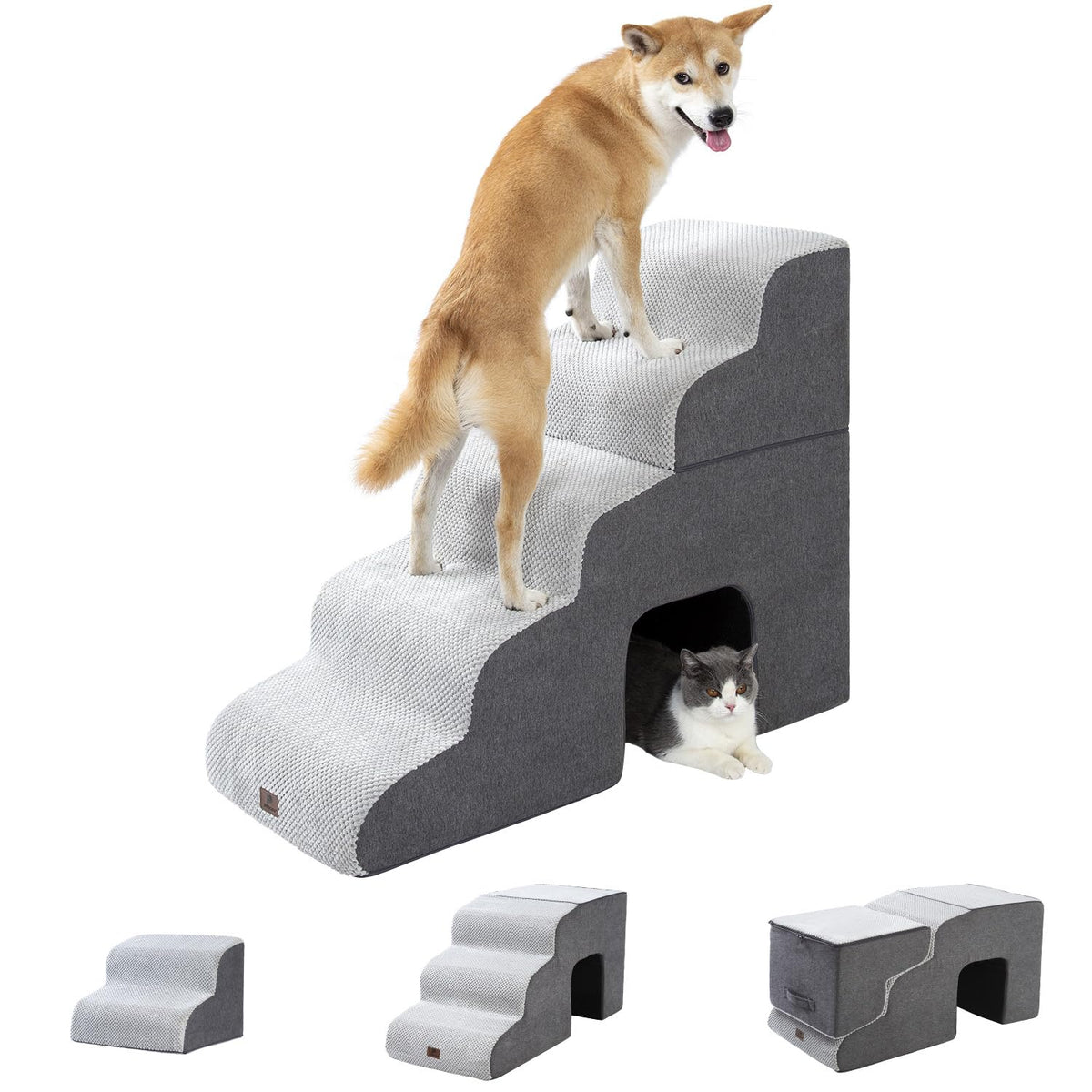 Pettycare dog stairs 5-steps grey with wide, stable treads for easy bed access