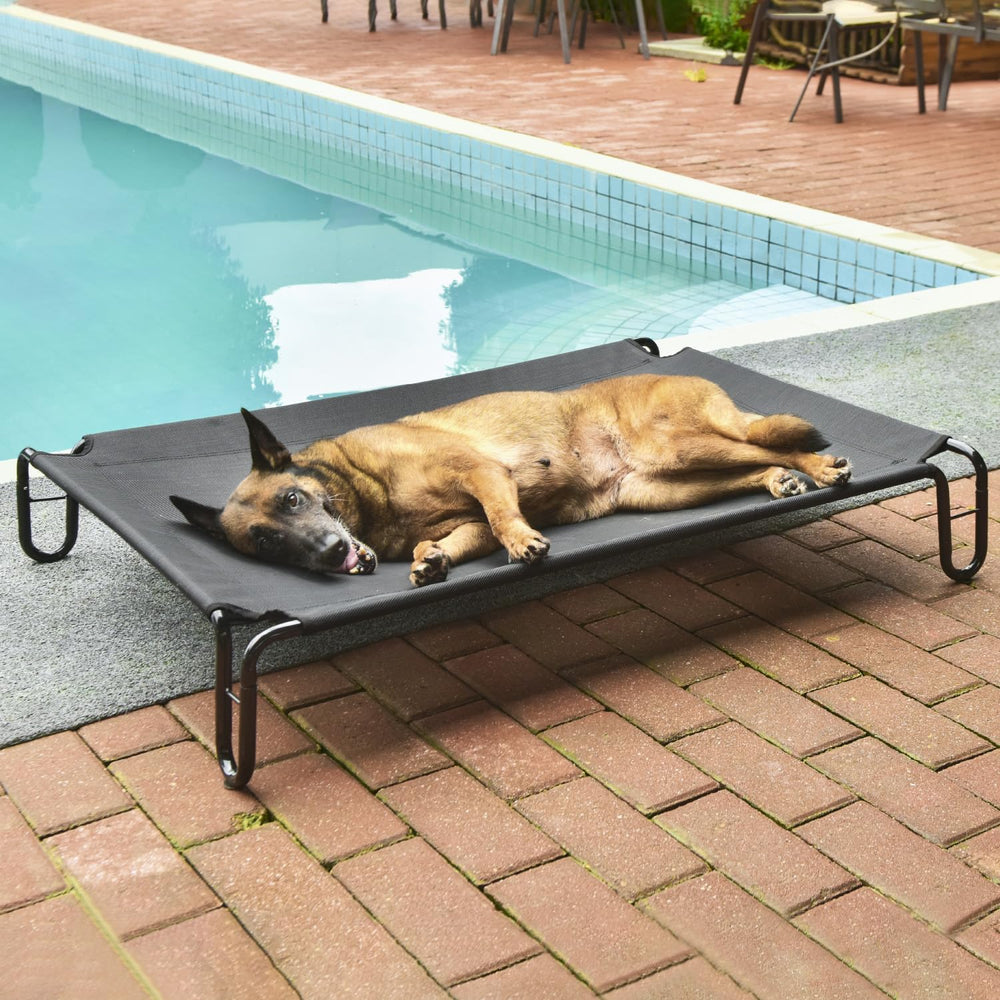 Pettycare outdoor-use scene shows elevated bed staying cool on ground.