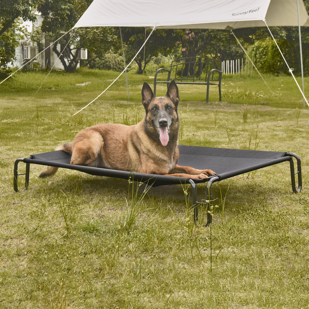 Pettycare elevated bed side view showing stable frame for indoor or outdoor use.