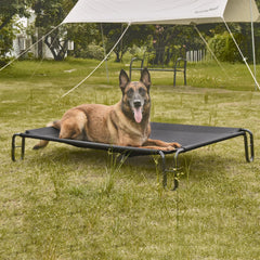 Pettycare elevated bed side view showing stable frame for indoor or outdoor use.