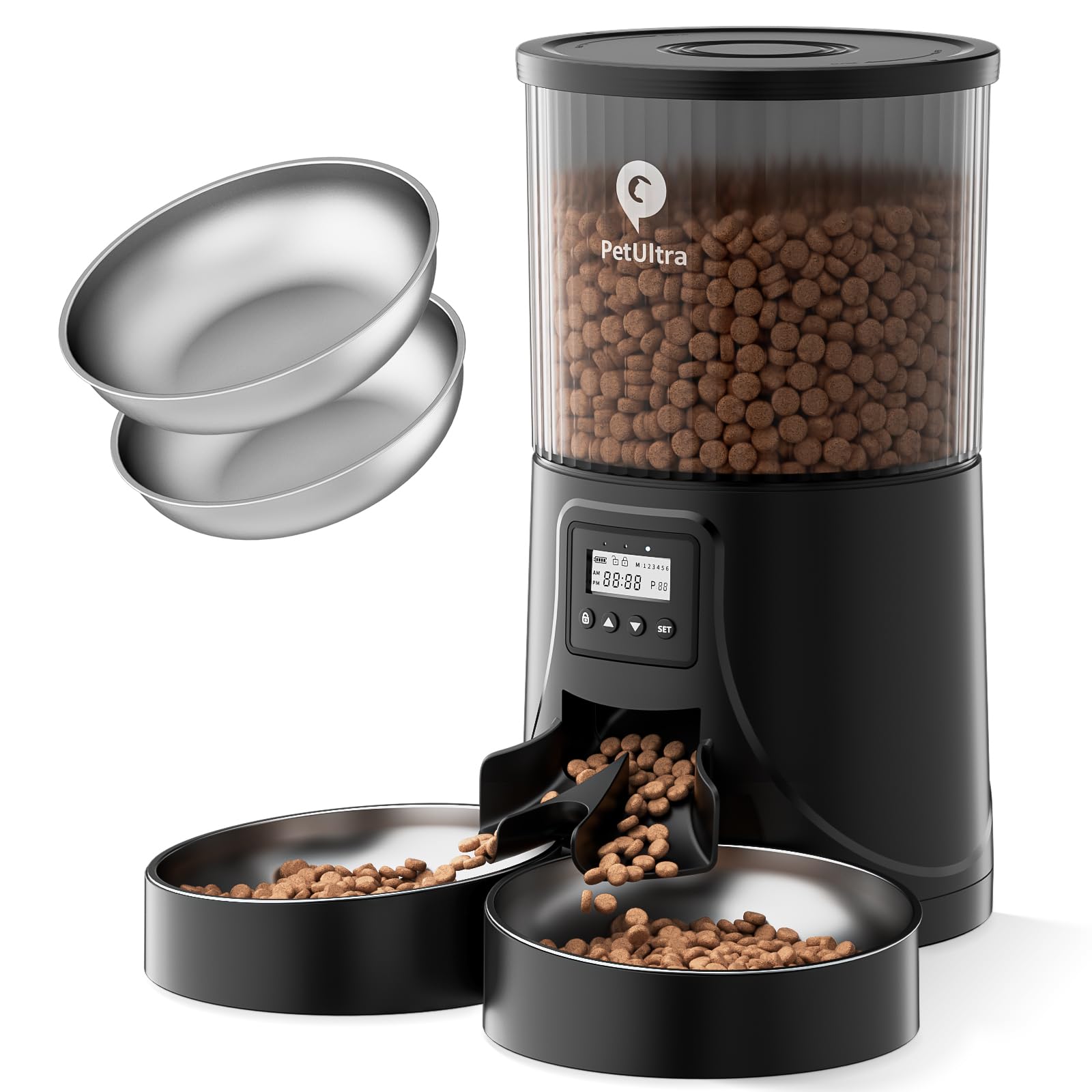 PETULTRA automatic cat feeder with two bowls enabling synchronized meals for two cats