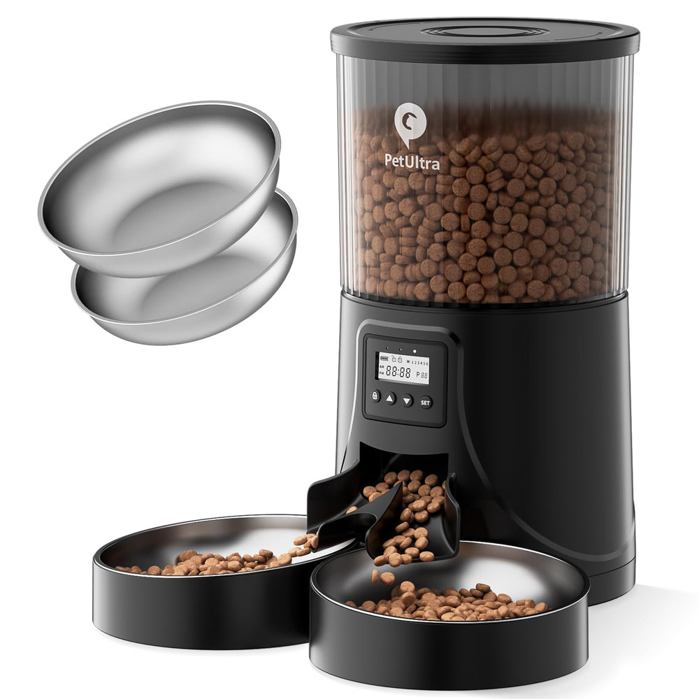 PETULTRA automatic cat feeder with two bowls enabling synchronized meals for two cats