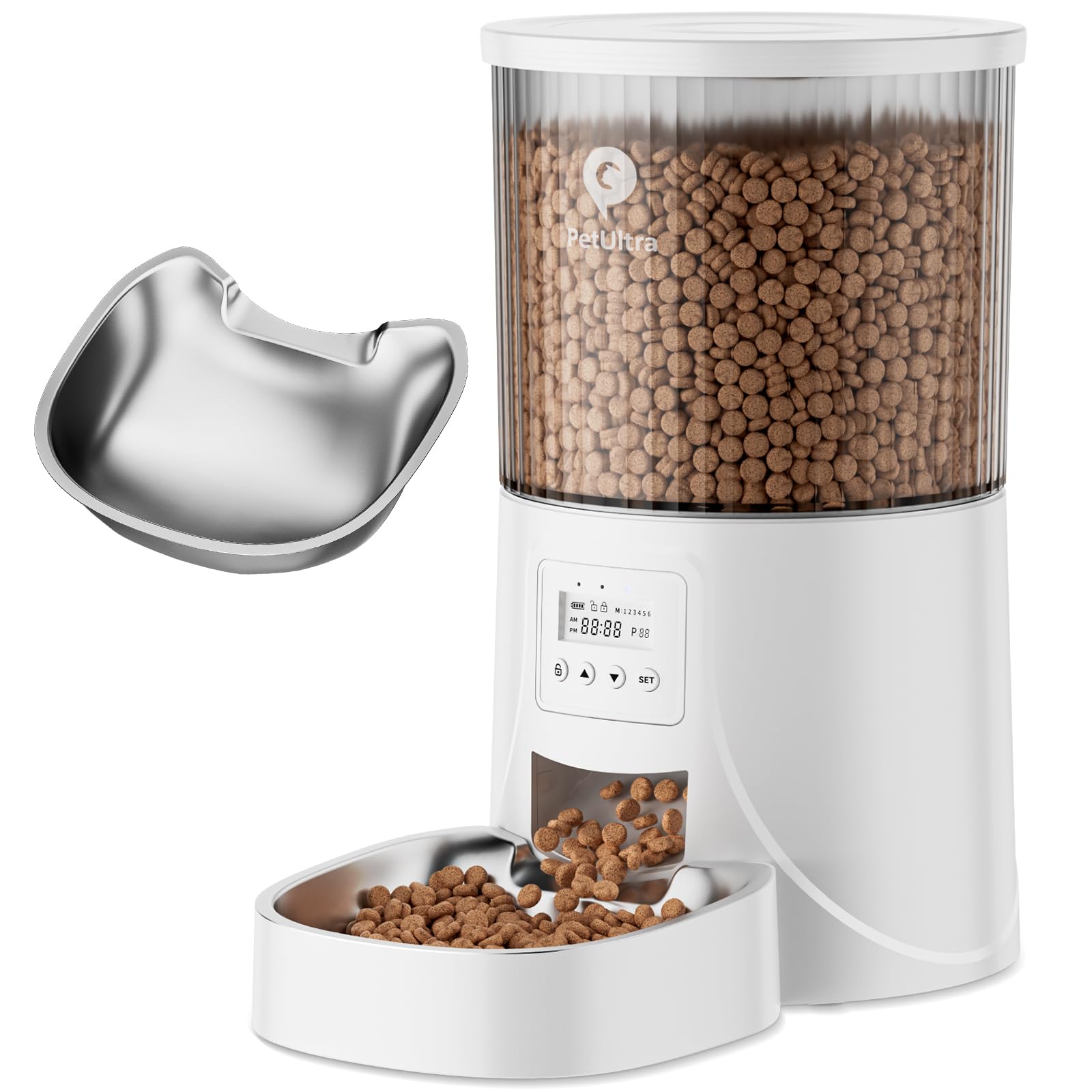 PETULTRA cat feeder shows 4L capacity for long-lasting meals and travel-friendly use.