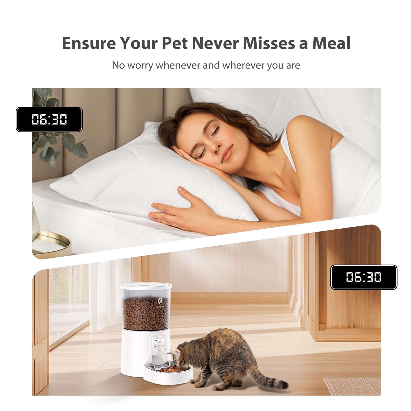 PETULTRA cat feeder programmable timer enables precise meal times for pets.