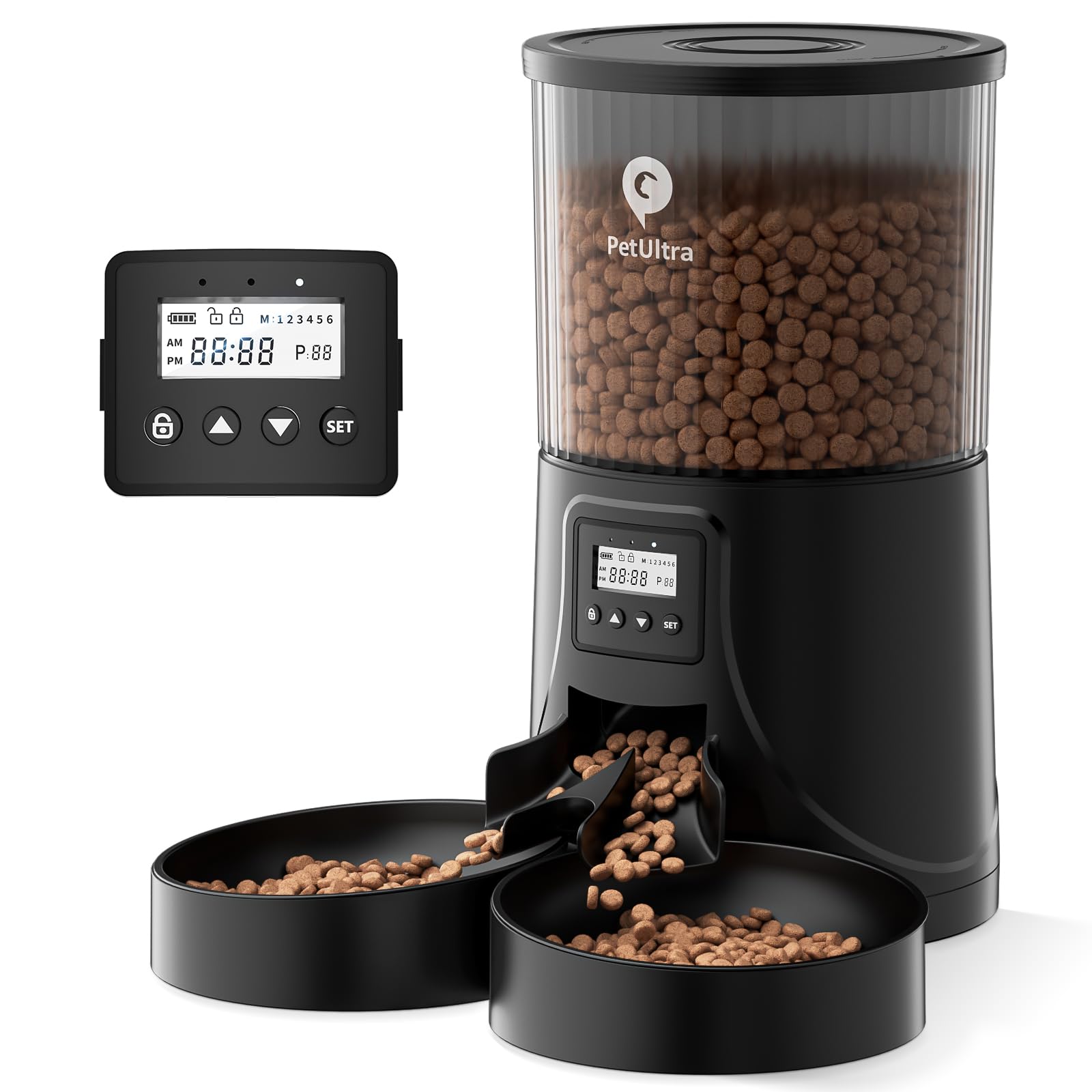PETULTRA two-cat feeder bowls visible, easing multi-cat meals and reducing feeding wrestles.