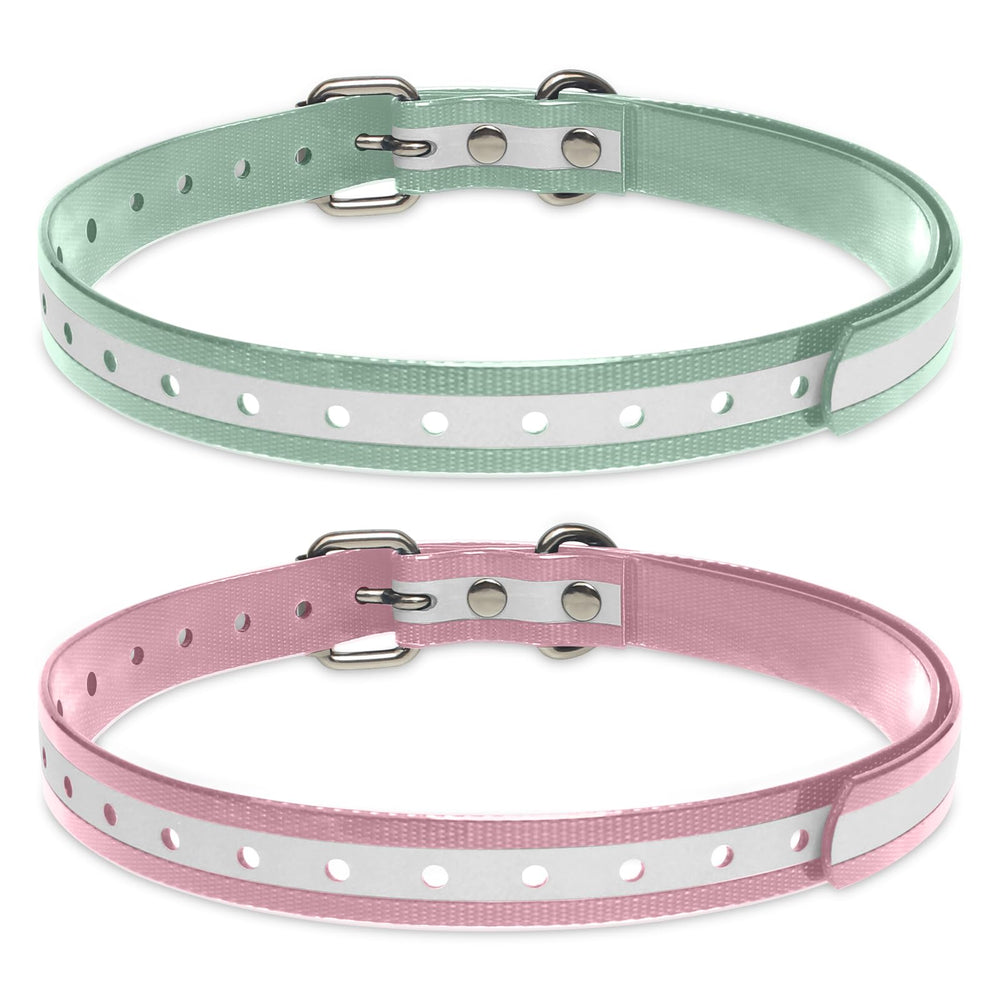 Peture shock collar replacement strap pink-green full view demonstrates universal fit.