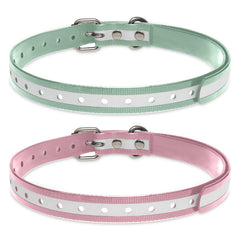 Peture shock collar replacement strap pink-green full view demonstrates universal fit.