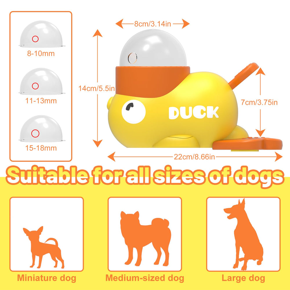 Petventure duck-toy tail-press action engages dogs during feeding and play.