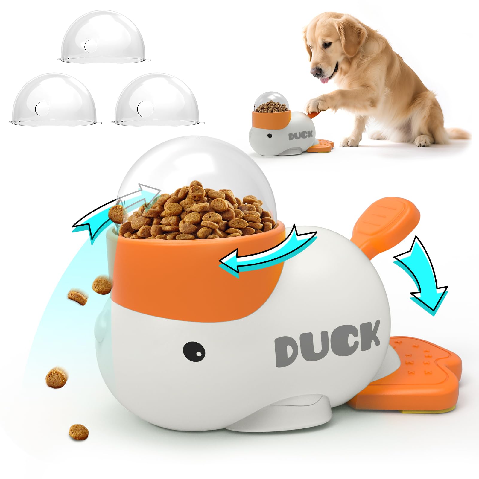 PETVENTURE duck-shaped treat dispenser close-up shows a slow-feeding solution that reduces eating speed.
