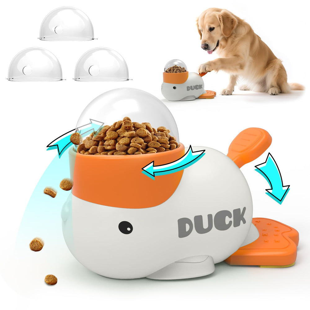 PETVENTURE duck-shaped treat dispenser close-up shows a slow-feeding solution that reduces eating speed.