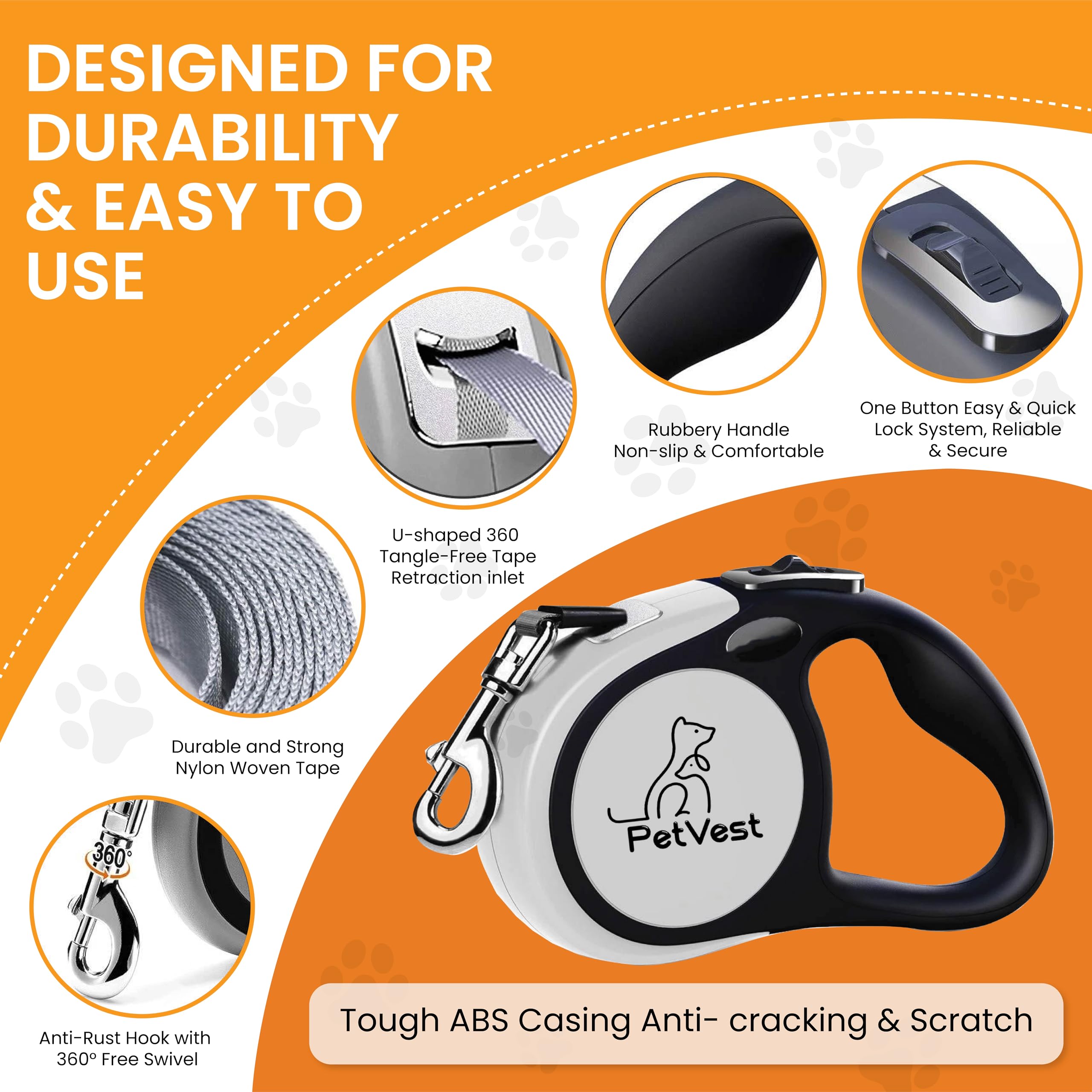 PetVest dual retractable leash one-button-brake highlights quick safety stop