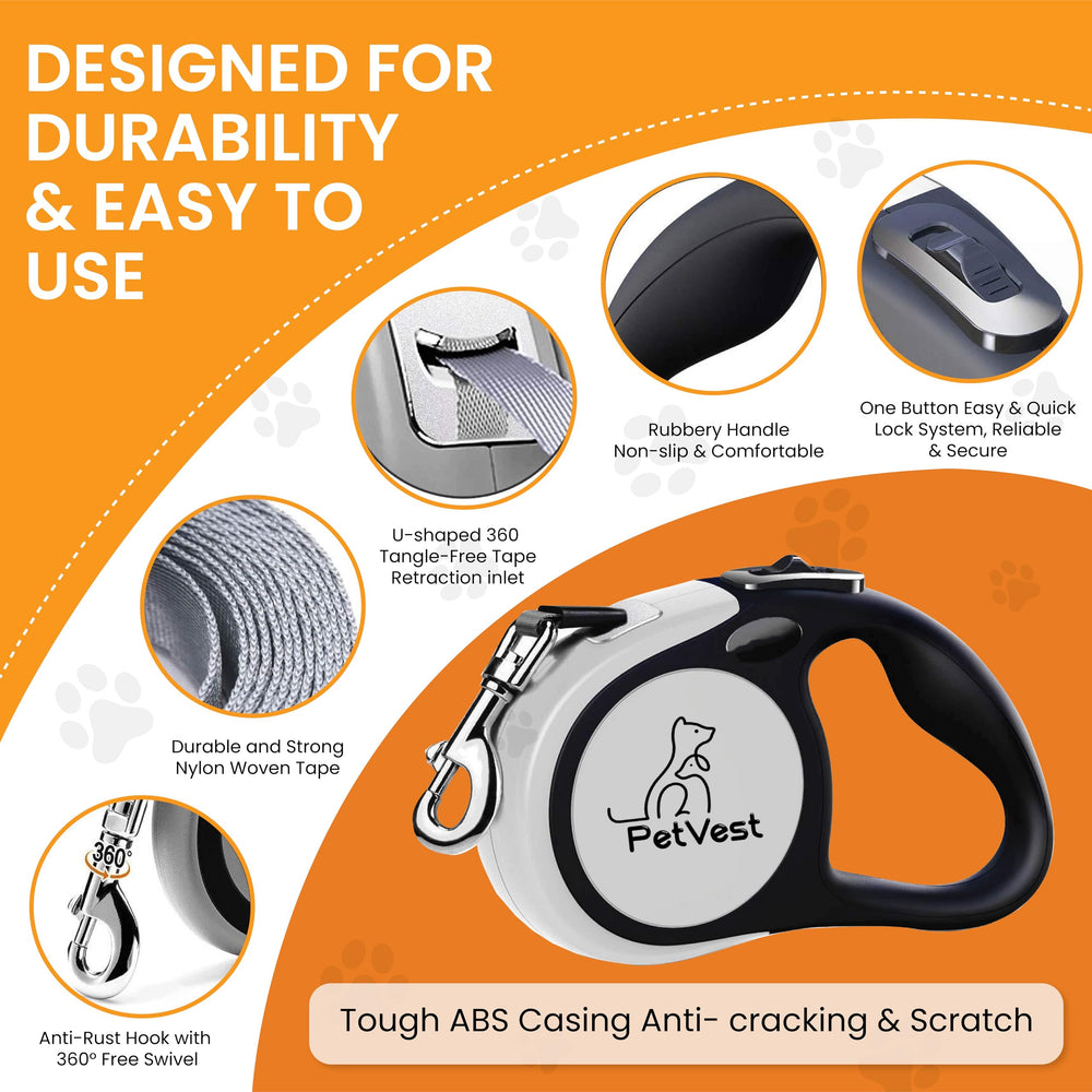 PetVest dual retractable leash one-button-brake highlights quick safety stop