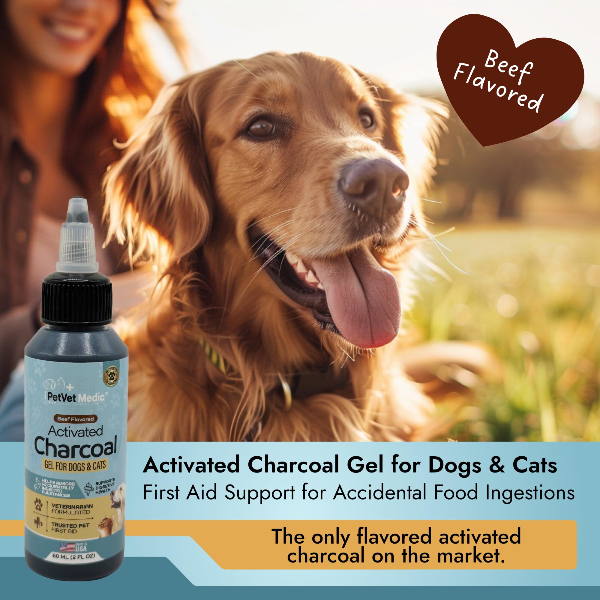 PetVet Medic beef flavor charcoal gel packaging shown for convenient first aid use