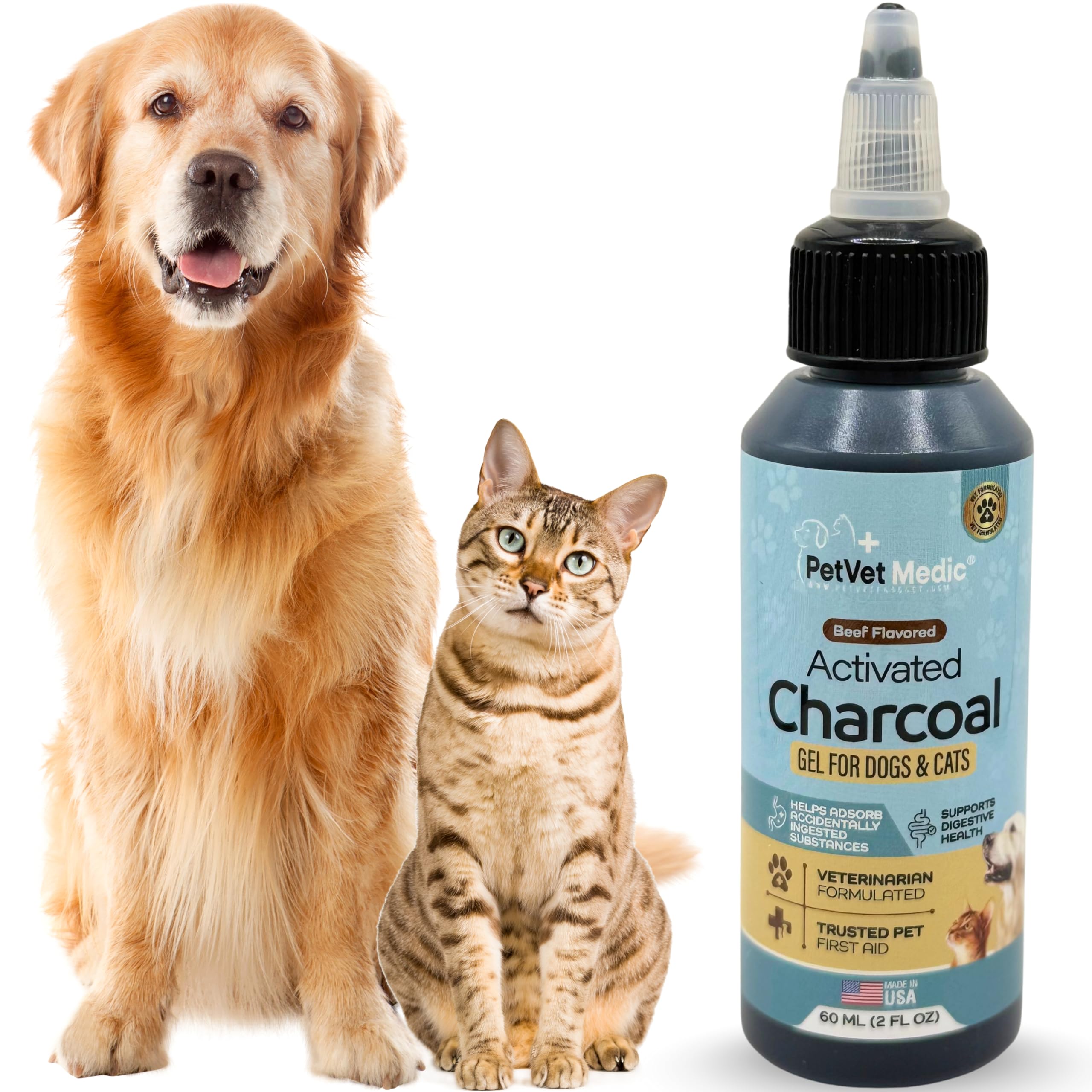 PetVet Medic vet-formulated charcoal gel label emphasizing safe, food-grade ingredients for pets