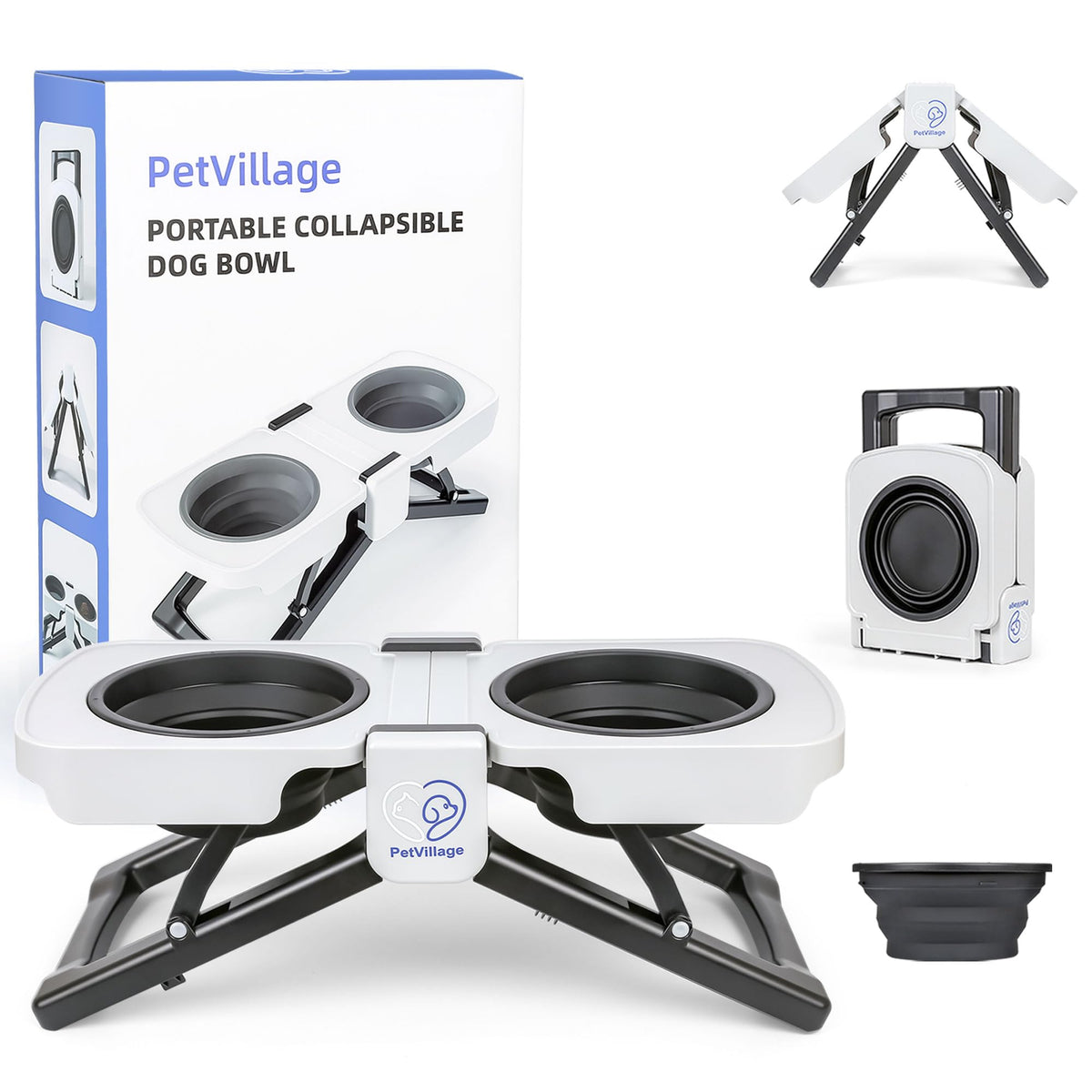 Petvillage foldable dog bowls stand closed for compact travel storage.