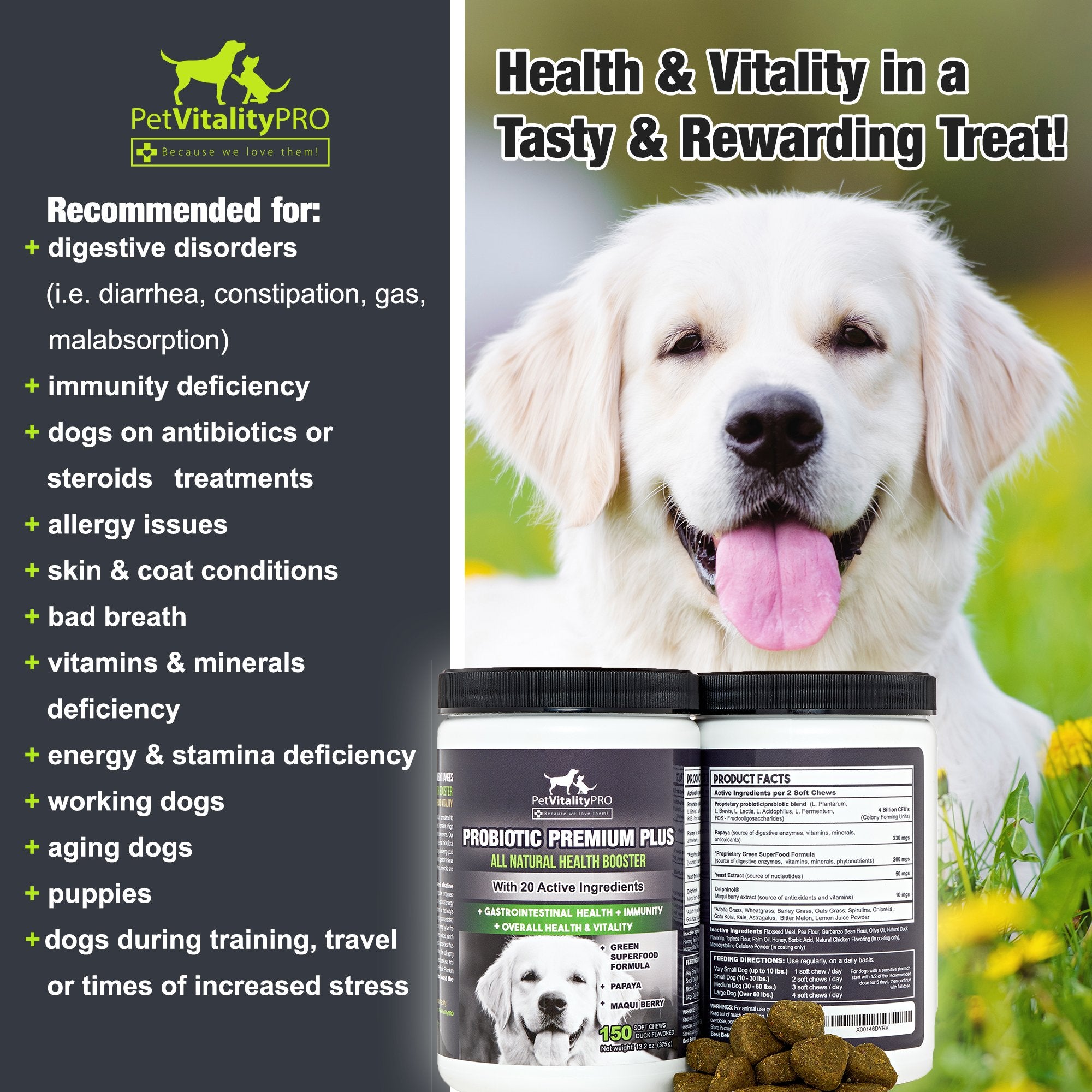 PetVitalityPRO probiotics bottle label communicates USA-made quality and safety.