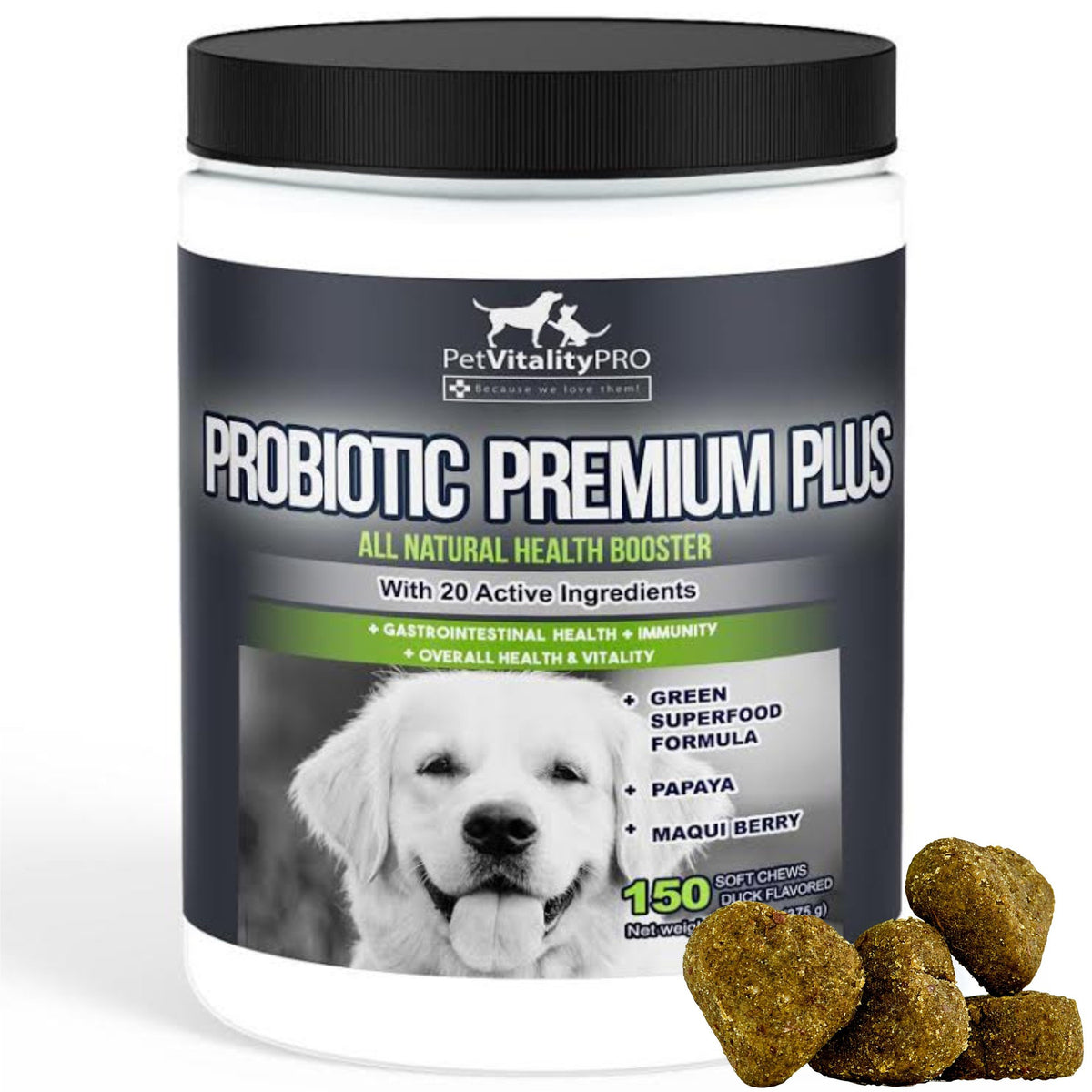PetVitalityPRO probiotics for dogs bottle highlights digestive and immune support.