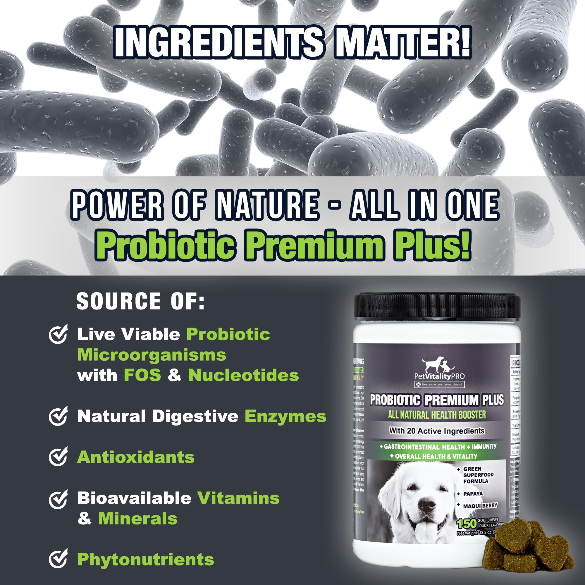 PetVitalityPRO probiotics soft chews closeup shows easy daily dosing.