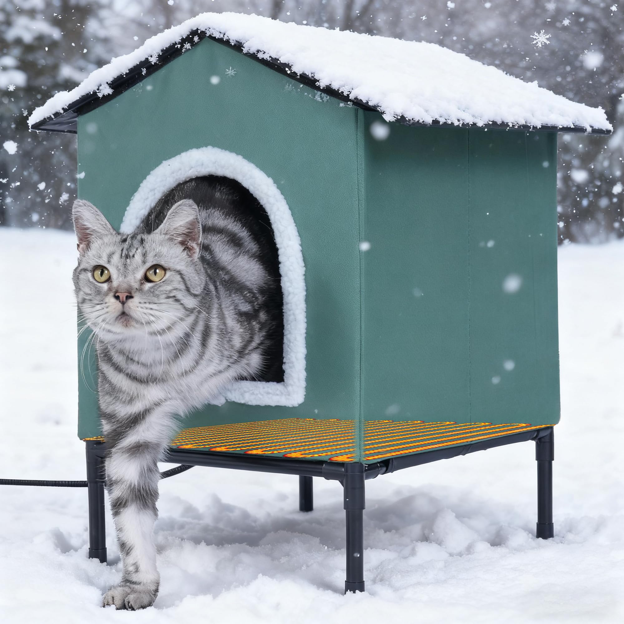 Petvolve heated cat house with elevated base for dry, warm outdoor shelter.