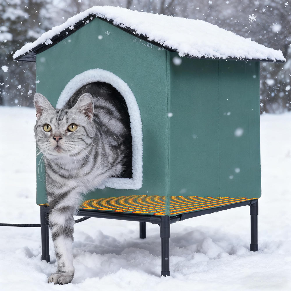 Petvolve heated cat house with elevated base for dry, warm outdoor shelter.