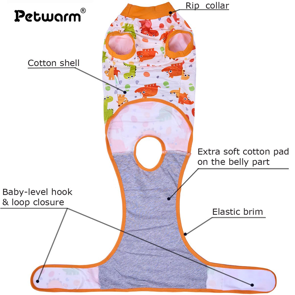 PetWarm post-surgery dog onesie yellow dinosaur pattern back view prevents licking