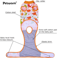PetWarm post-surgery dog onesie yellow dinosaur pattern back view prevents licking