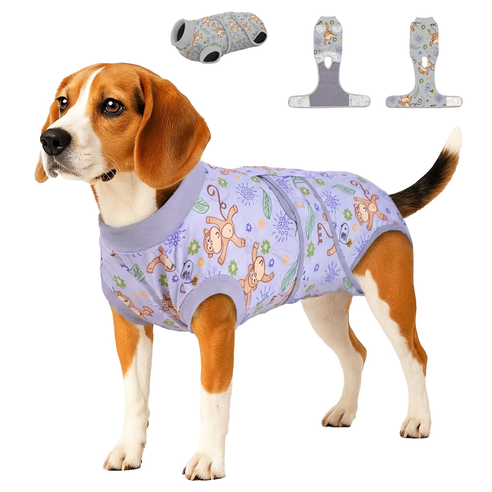 PetWarm recovery suit monkey pattern on dog for post-surgery comfort and protection.